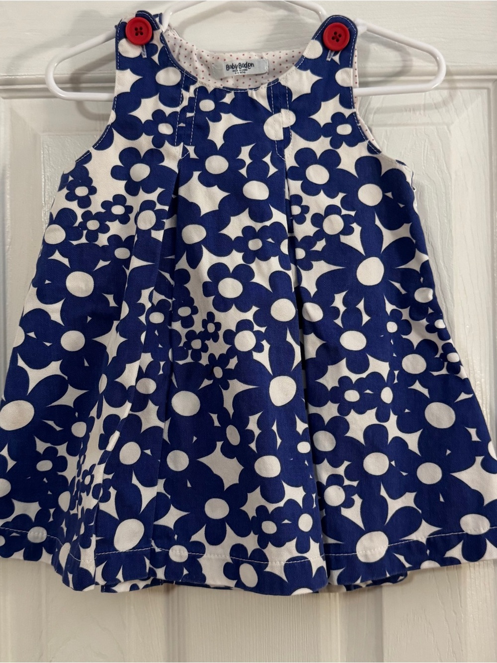 Mini Boden Baby Girl Navy and White Floral A-Line Dress Button Shoulder Straps